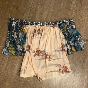 Soft off the shoulder flowing Chrysanthemum floral Boho patchwork blouse